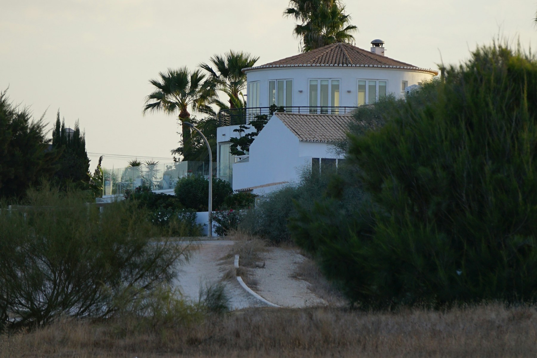 Modern white villa exterior with palm trees in Spain, representing real estate and relocation services