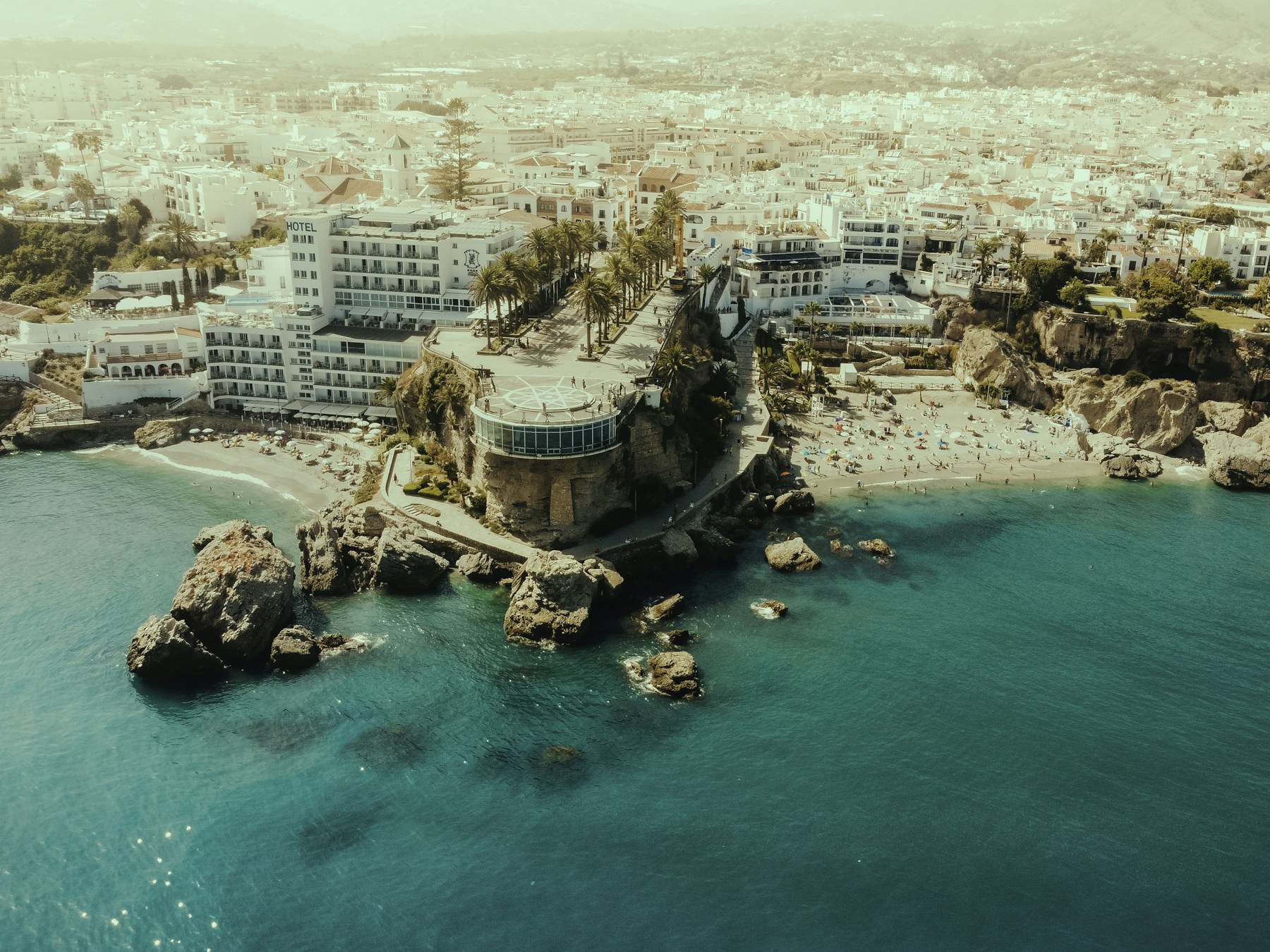 Whitewashed Spanish coastal town overlooking the sea